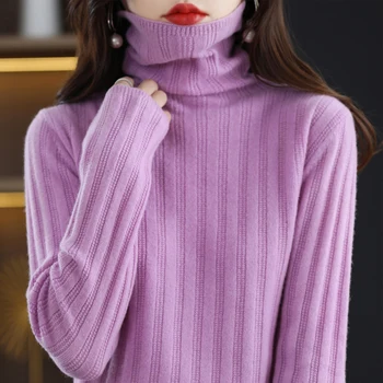 100% чисто шерстяная водолазка кашемировый свитер осенью и зимой женский повседневный полосатый трикотажный топ женское пальто мода