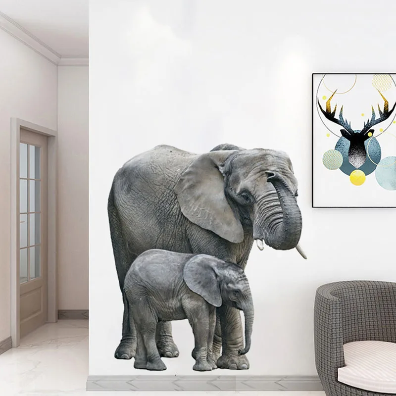  Реалистичные животные Реалистичные два слона мама и ребенок Наклейки на стену для детской комнаты Детская комната Детский сад Декор стены 0