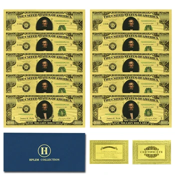 10шт в конверте Золотые банкноты 11-го президента США Джеймс К. Полк Миллион долларов Невалютный сувенир
