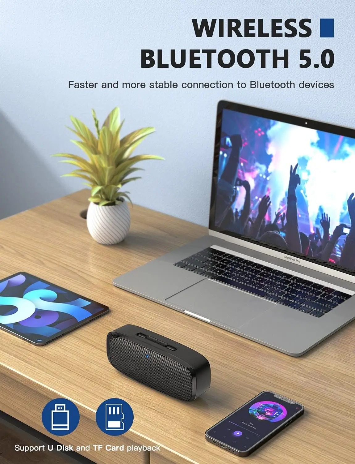Bluetooth-динамик, беспроводная портативная колонка с громким стереозвуком, насыщенными басами, 12-часовым воспроизведением, встроенным микрофоном. Совершенный 3