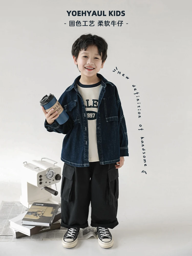 Мальчики Контрастный карман Свободное джинсовое пальто Осень Новая детская классная повседневная куртка 1