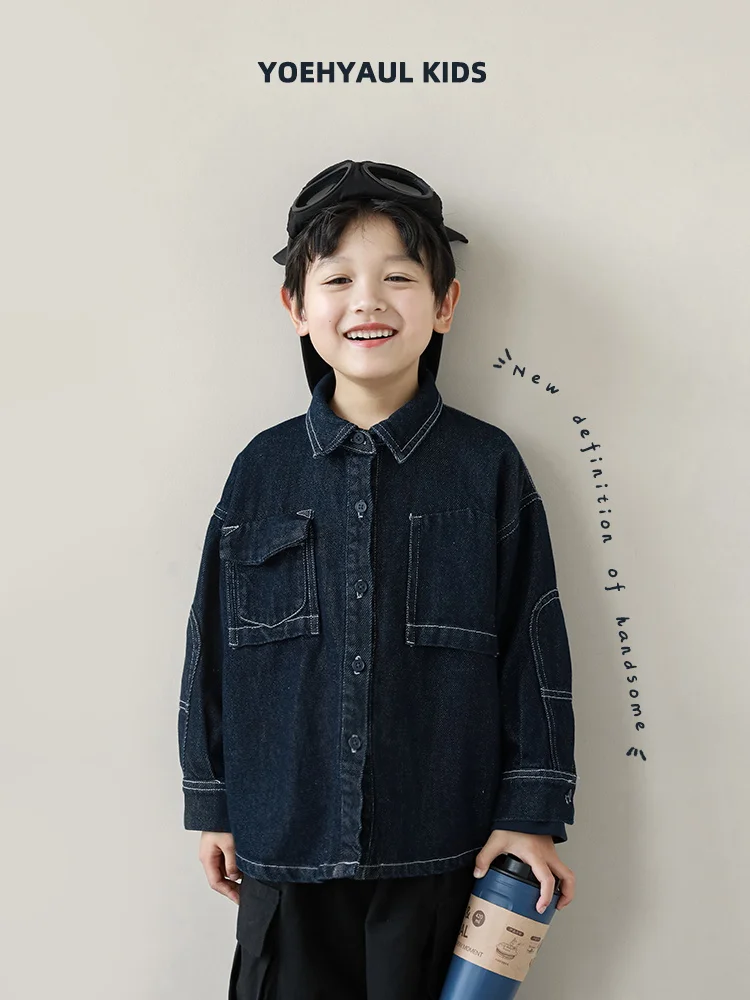 Мальчики Контрастный карман Свободное джинсовое пальто Осень Новая детская классная повседневная куртка 2