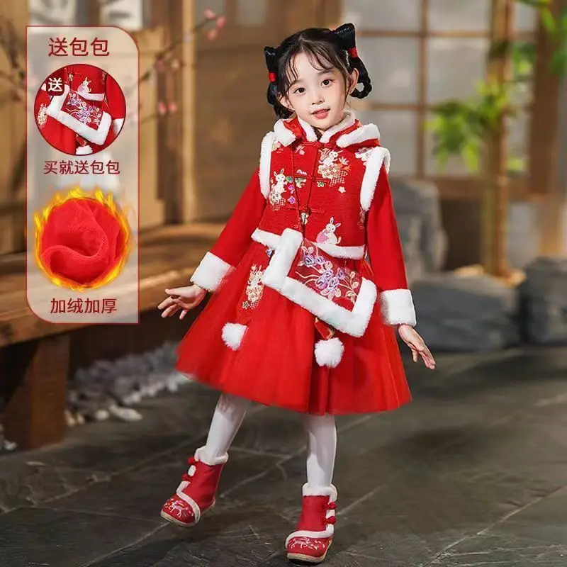Новая детская весенняя и осенне-зимняя одежда Детский костюм Ханьфу плюс хлопковое платье Костюм Тан красное платье 0