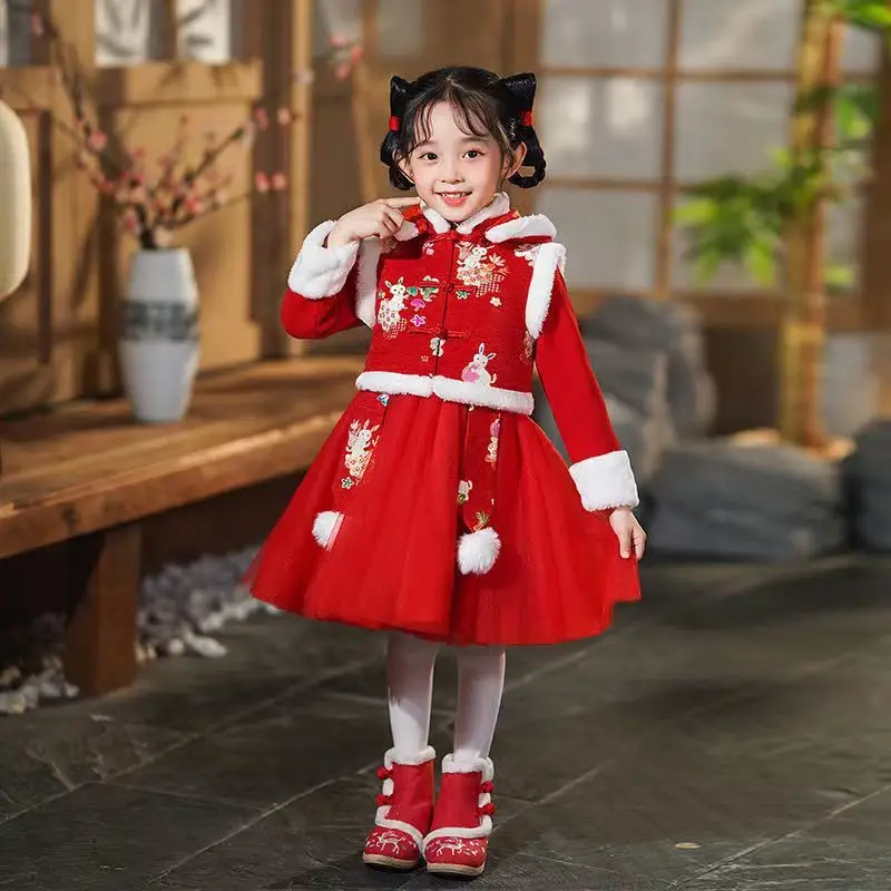 Новая детская весенняя и осенне-зимняя одежда Детский костюм Ханьфу плюс хлопковое платье Костюм Тан красное платье 1
