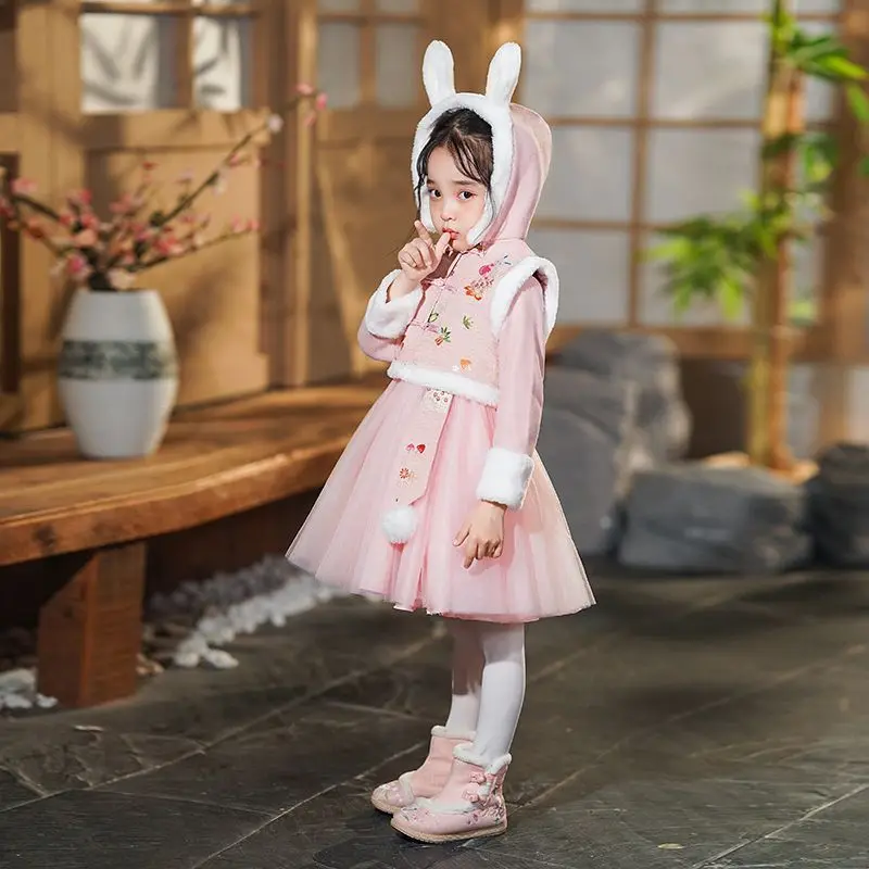 Новая детская весенняя и осенне-зимняя одежда Детский костюм Ханьфу плюс хлопковое платье Костюм Тан красное платье 2