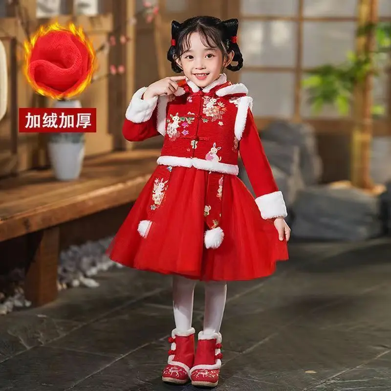 Новая детская весенняя и осенне-зимняя одежда Детский костюм Ханьфу плюс хлопковое платье Костюм Тан красное платье 3