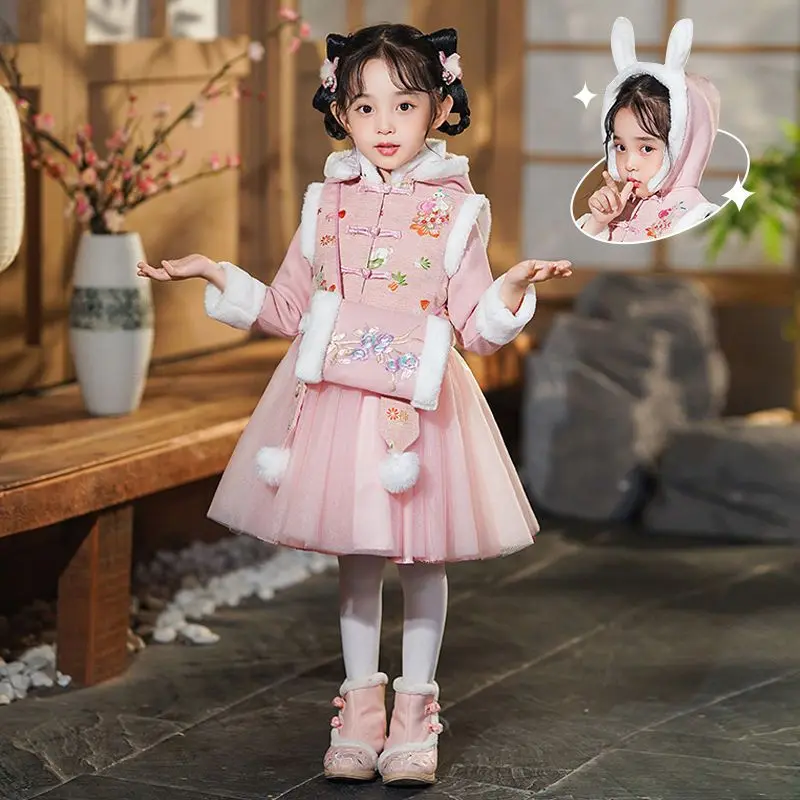 Новая детская весенняя и осенне-зимняя одежда Детский костюм Ханьфу плюс хлопковое платье Костюм Тан красное платье 4
