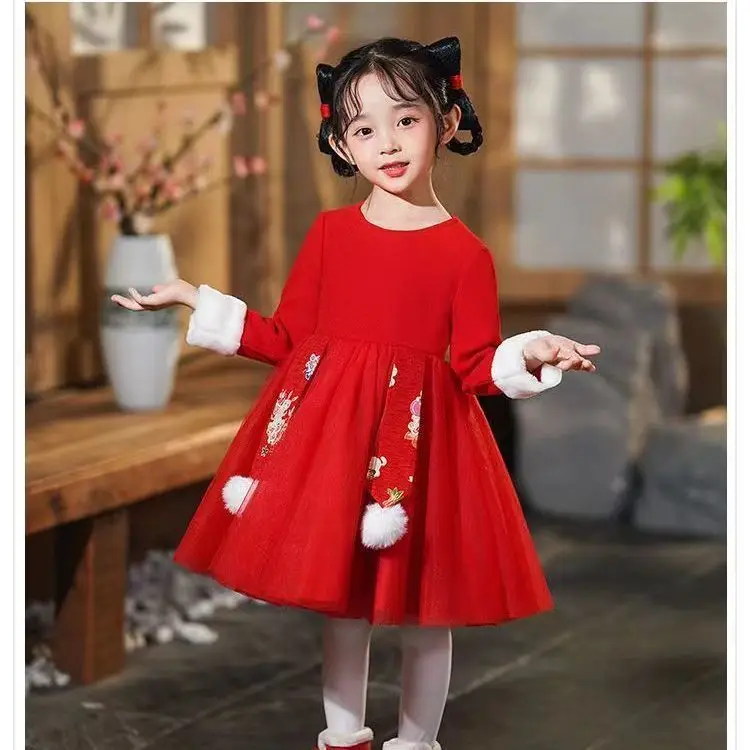 Новая детская весенняя и осенне-зимняя одежда Детский костюм Ханьфу плюс хлопковое платье Костюм Тан красное платье 5