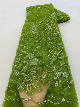 2023 Высококачественный вышитый французский зеленый цвет 3D цветок из бисера сетка африканские пайетки бусины тюль кружева ткань для свадьбы