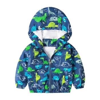 2023 Летняя верхняя одежда для мальчиков Пальто с полным рукавом и капюшоном Динозавр Принт Солнцезащитная куртка для детей 1-7 лет