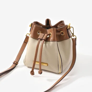 2023 Новая маленькая сумка-ведро из натуральной кожи контрастного цвета Модная универсальная женская повседневная сумка на одно плечо Hobo Tote Bag