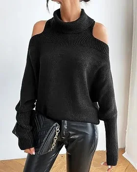 2023 Новая мода Женский свитер с длинными рукавами с открытыми плечами и высоким воротником Batwing Сексуальный пуловер Вязаный свитер Hollow Fit Casual