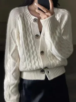 2023 осень и зима новый кашемировый вязаный кардиган твист женский толстый свободный ленивый шерстяной свитер короткое пальто