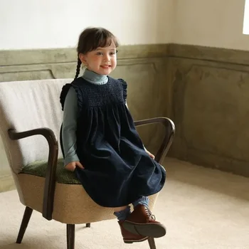 2024 Новое осеннее вельветовое платье корейского стиля для девочек детский повседневный простой принцесса сладкий сарафан детская одежда платье для девочек