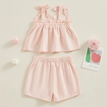2PC Малыши Девочки Летние короткие комплекты Без рукавов Укороченные топы на бретелях Шорты с оборками Розовая летняя одежда