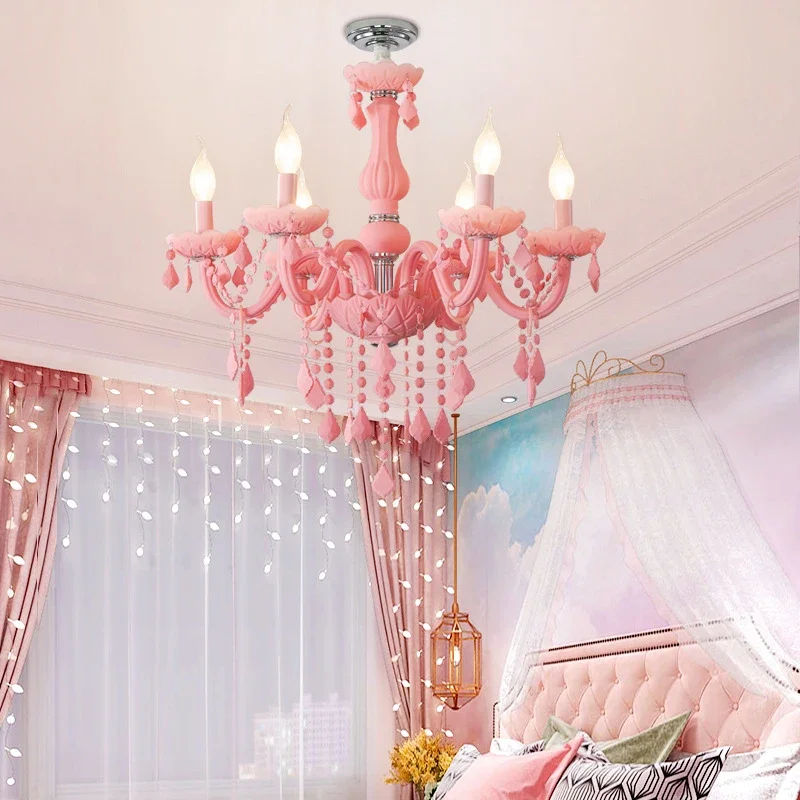Hongcui Розовый хрустальный подвесной светильник Искусство Комната для девочек Свеча Лампа Детская комната Гостиная Ресторан Спальня Люстра 1