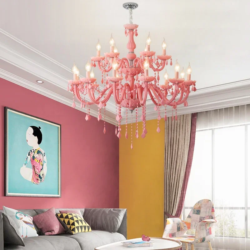 Hongcui Розовый хрустальный подвесной светильник Искусство Комната для девочек Свеча Лампа Детская комната Гостиная Ресторан Спальня Люстра 2