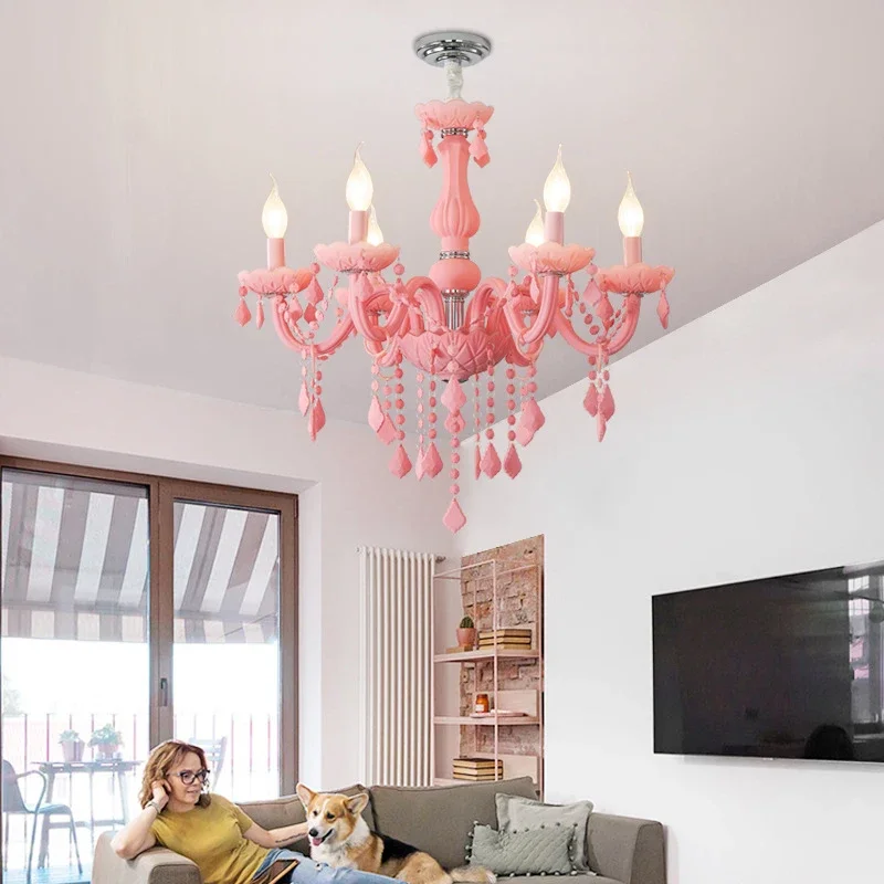 Hongcui Розовый хрустальный подвесной светильник Искусство Комната для девочек Свеча Лампа Детская комната Гостиная Ресторан Спальня Люстра 3
