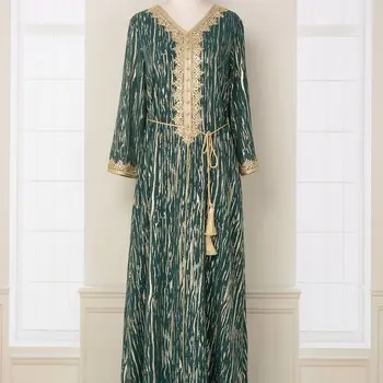 Abaya Женское платье V-образным вырезом Однобортное украшение Slim Fit Bottom Ткань Золотое тиснение Мода High End Robe