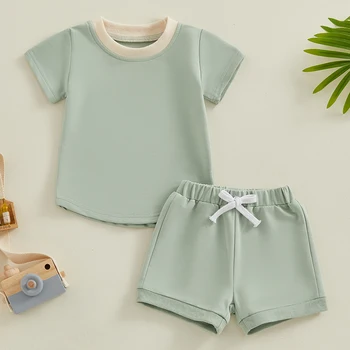 BeQeuewll Малыш Детская летняя одежда контрастного цвета с коротким рукавом и круглым вырезом топы с однотонными шортами наряд