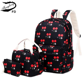 Fengdong 3 шт./компл., детские школьные сумки для девочек, симпатичный вишневый принт, школьный рюкзак, набор для обеда, сумка для еды, сумка для карандашей, дропшиппинг