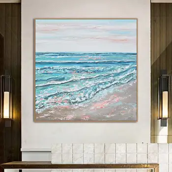 Mintura Настенная картина для гостиной Картины маслом на холсте, Украшение отеля Художественное произведение Ручная роспись Красивый синий пляж Настенное искусство