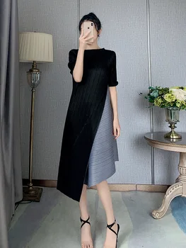 Miyake Плиссированное платье в стиле пэчворк с коротким рукавом Женщины 2023 Осень Новое Свободное Повседневное Платье Высокая Мода Нерегулярное Платье