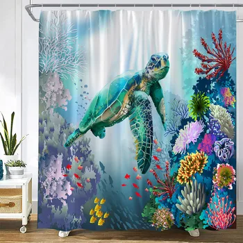 Ocean Animals Занавески для душа Морская черепаха Коралловая рыба Подводные пейзажи Детская занавеска для ванны Полиэстер Декор ванной комнаты с крючками