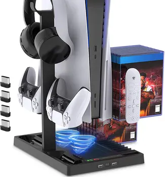 PS5 Вертикальная охлаждающая зарядная станция Док-станция Двойной контроллер Зарядное устройство Подставка для гарнитуры с 15 игровыми слотами для консоли Playstation5