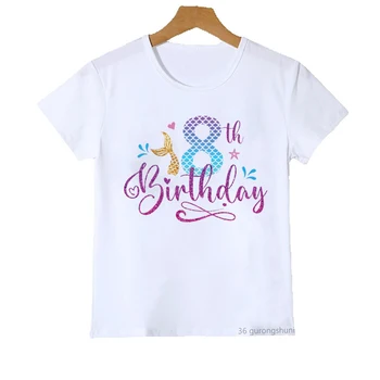 T-shir девочки Морская жизнь Рыба Мультфильм 1-11-й день рождения Футболки с принтом Персонализированное имя Индивидуальная футболка для детей День рождения
