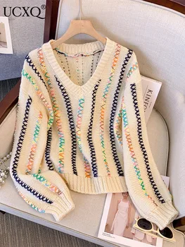 UCXQ Красочный свитер ручной работы с лентами для женщин Свободные винтажные пуловеры с длинным рукавом Вязаный топ 2023 осень-зима Новинка 23A5282