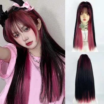 VICWIG Черный розовый мелирование Длинный прямой синтетический парик Двойной цвет волос Девушка Косплей Ежедневное использование с челкой Лолита Парики