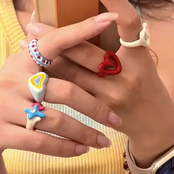 Y2K Эмалевое кольцо в виде сердца Коренастые ювелирные изделия Корейский стиль Капающее масло Палец Пряжка из сплава Меньшинство Дизайн Геометрическое кольцо Друг