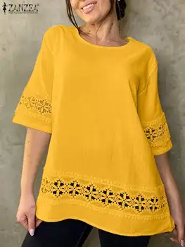 ZANZEA Элегантная праздничная блузка Blusa Femme с кружевной строчкой Блузка с половиной рукава Повседневная свободная пустотелая верхняя часть Женская летняя рубашка с о-образным вырезом 2023 года
