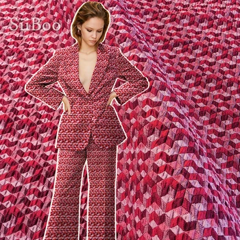 американский стиль элегантная красно-розовая 3D клетка жаккардовая парчовая ткань для классического пальто жаккардовая ткань одежда tecidos пряжа SP4987