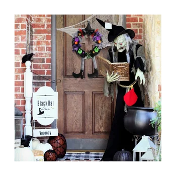Венок на Хэллоуин Наружные украшения - 25,6 x 13,7 дюйма Дверные венки для входной двери, Ведьмин декор с ножками шляпы Тыква
