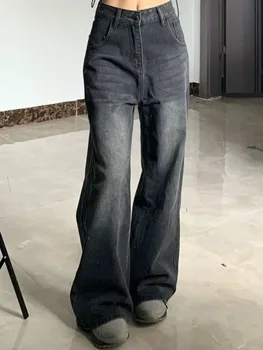  Винтаж Черные джинсы Женщины Высокая талия Y2k 90-е годы Уличная одежда Мешковатые повседневные корейские модные прямые стиранные джинсовые брюки 2024