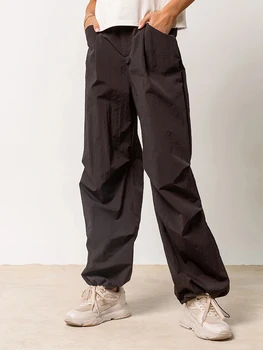 Высокая талия Эластичные брюки-карго Женские мешковатые с несколькими карманами Свободный крой Прямые широкие штанины Y2K Брюки