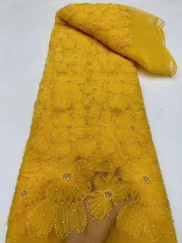  Высокое качество 3D Цветочные бусины Вышивка Африканская Французская Кружевная Ткань Для Платья Роскошная Нигерийская Кружевная Ткань Ручной Работы Бисером 2023