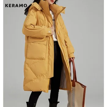 Женская повседневная повседневная Y2K Однотонная верхняя одежда с длинным рукавом Куртка с капюшоном X-Long Parkas Куртка 2023 Зимнее однобортное теплое пальто оверсайз