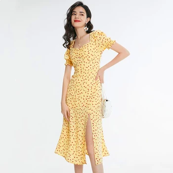 женские платья винтаж желтый цветочный принт пышные рукава стильный элегантный платье бесплатная доставка дамы летнее цветочное платье