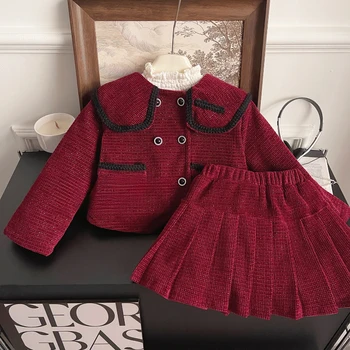 Зима Новая корейская версия The Girl's Red Vintage Маленький набор ароматов Baby Толстая юбка Набор Детская одежда для девочек