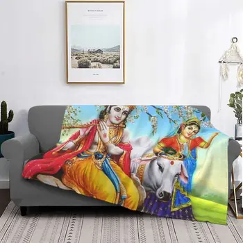 индуистский бог Кришна Радха Вязаное одеяло Индийская богиня любви Флисовое одеяло Постельное белье Украшение дивана Мягкое теплое покрывало
