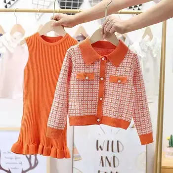 Комплект детской одежды для девочек Autnmn Зимняя хлопковая решетчатая куртка Вязаное тонкое платье 2pcs Для детей Подростковая одежда 4 To12