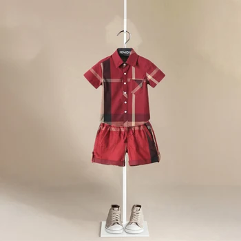 Летняя одежда для мальчиков Детская красная клетчатая полосатая рубашка Рубашка Рубашка с коротким рукавом + брюки для младенца Малыш Мальчик 2 шт. Верхняя одежда 1 -9 лет