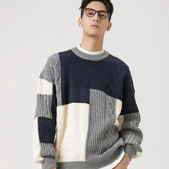 Лоскутный трикотажный свитер ropa hombre полосатый мужской женский рождественский свитер удобный пуловер homme o-neck мужская одежда