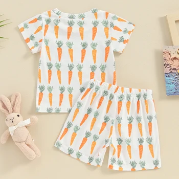Малыш Мальчик Летний наряд Морковный принт Рубашки с коротким рукавом Эластичная талия Шорты 2шт Комплект одежды