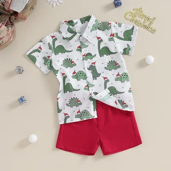 Малыш Мальчик Рождественский наряд Лацкан с коротким рукавом Пуговицы Рубашка и шорты Комплект