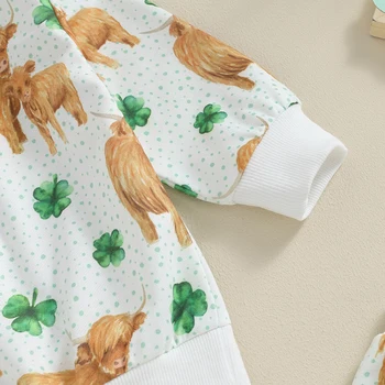 Младенец Малыш Девочка День Святого Патрика Наряды Рубашки с длинным рукавом Толстовка с четырьмя листьями клевера с комплектом брюк