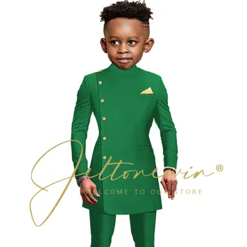 Мода в африканском стиле Зеленый костюм для мальчиков 2 шт. Вечеринка Свадьба Смокинг Детская куртка Брюки Изготовленный на заказ детский костюм 2-16 лет